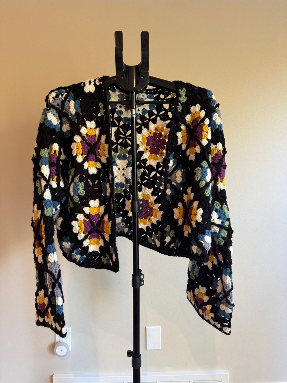 Black Crochet Open-Front Floral Motif Sweater Shrug